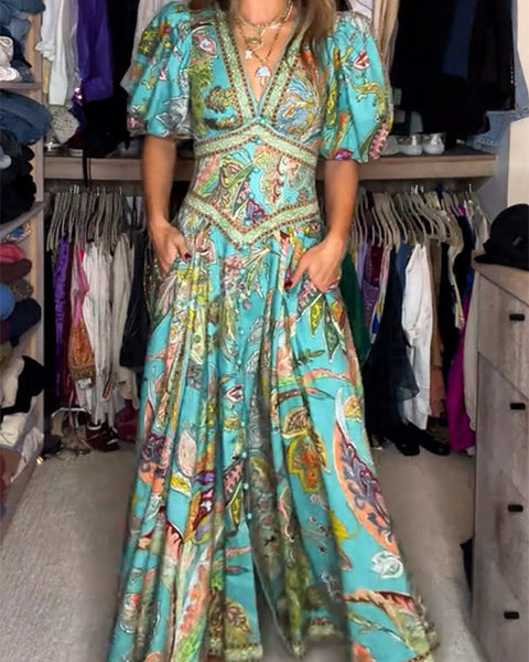 Amelia Quinn | Robe Maxi Aérée avec Manches Bouffantes et Décolleté en V