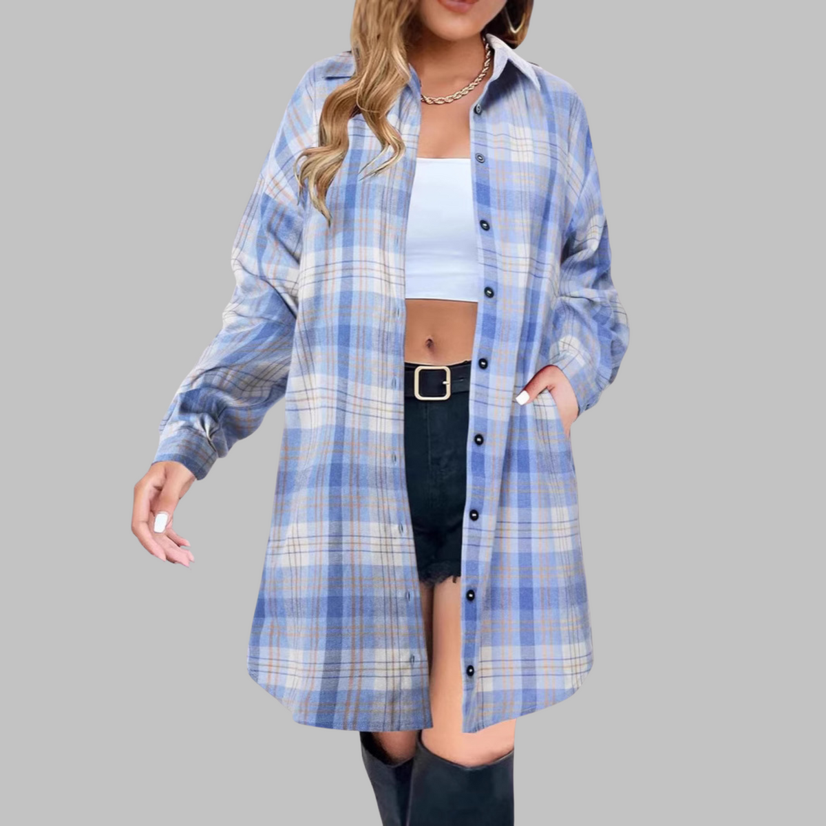PALOMA™ - Veste à Carreaux Chic à Manches Longues Boutonnée