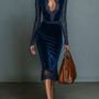 🌸 Elegant & Fashionable Dark Blue Velvet Slim-Fit Midi Dress for Women with V-Neck Lace Detail and Sleeves