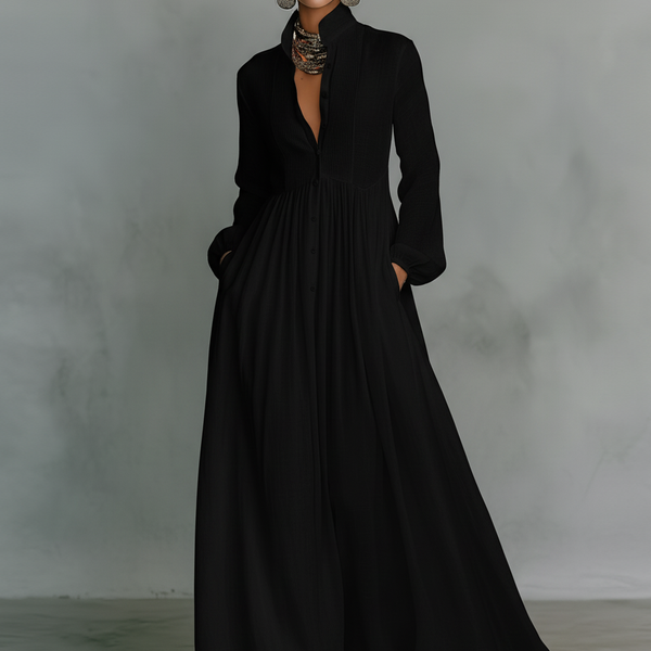 ESSENTIAL - Maxi Minimalist Dress in Cotton & Linen with Patchwork, High Collar and Long Sleeves