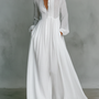ESSENTIAL - Maxi Minimalist Dress in Cotton & Linen with Patchwork, High Collar and Long Sleeves
