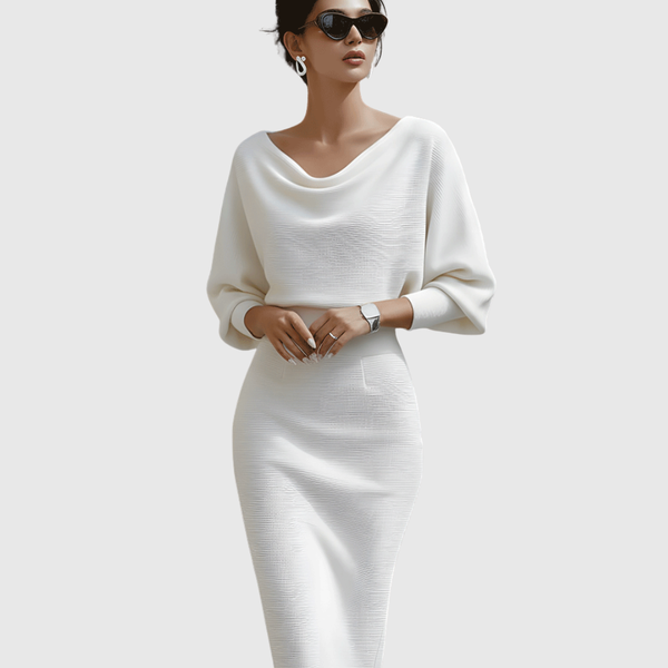 Ismeria™ | White Midi Dress with Batwing Sleeves
