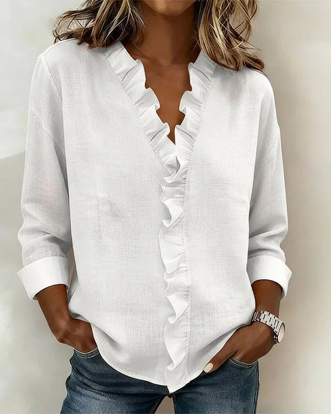 Indie | Blouse avec Volants, Col en V et Manches Longues