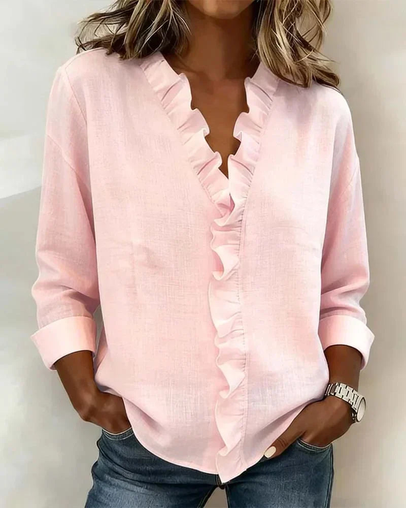 Indie | Blouse avec Volants, Col en V et Manches Longues