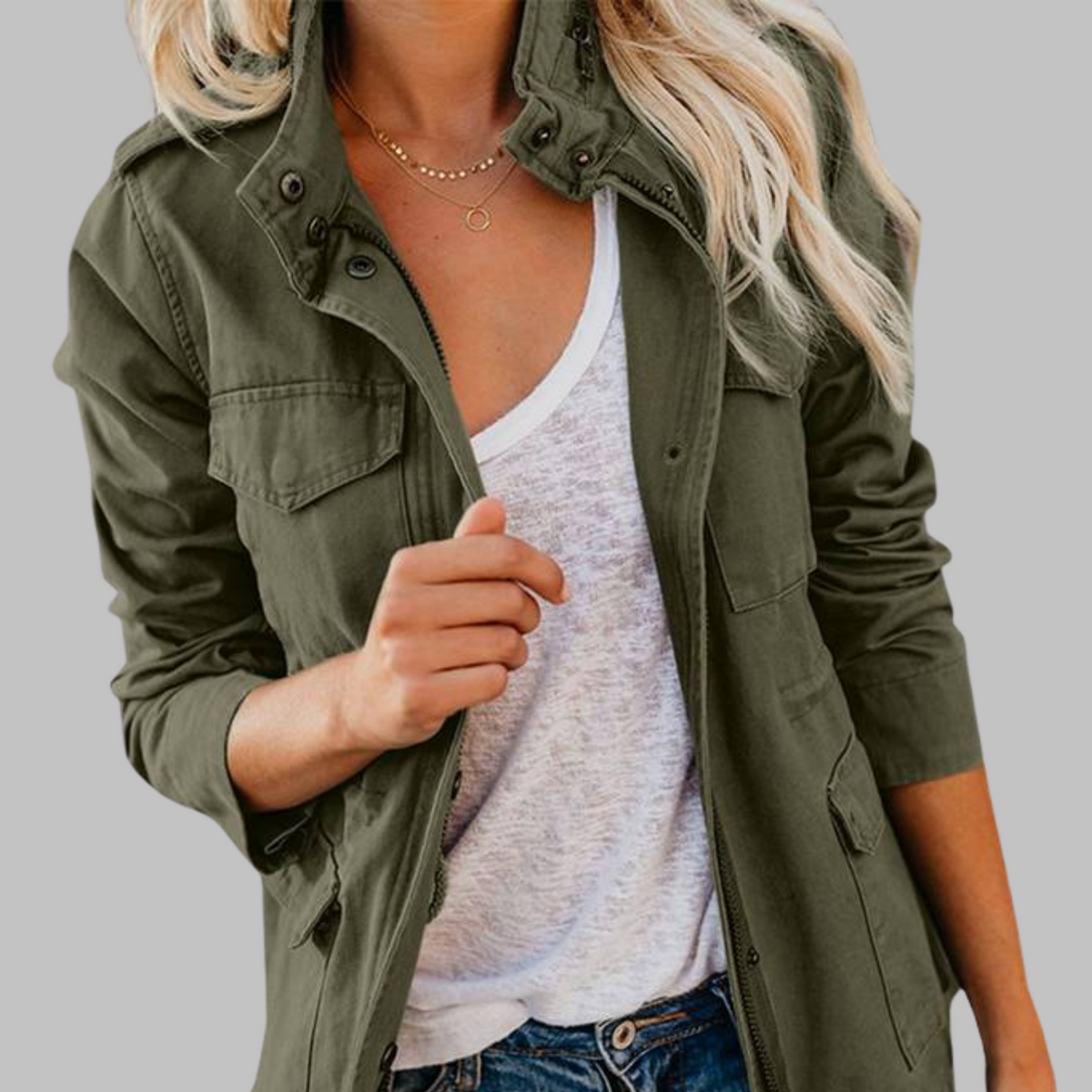OLGA™ - Veste Militaire Vintage avec Fermeture Éclair et Boutons