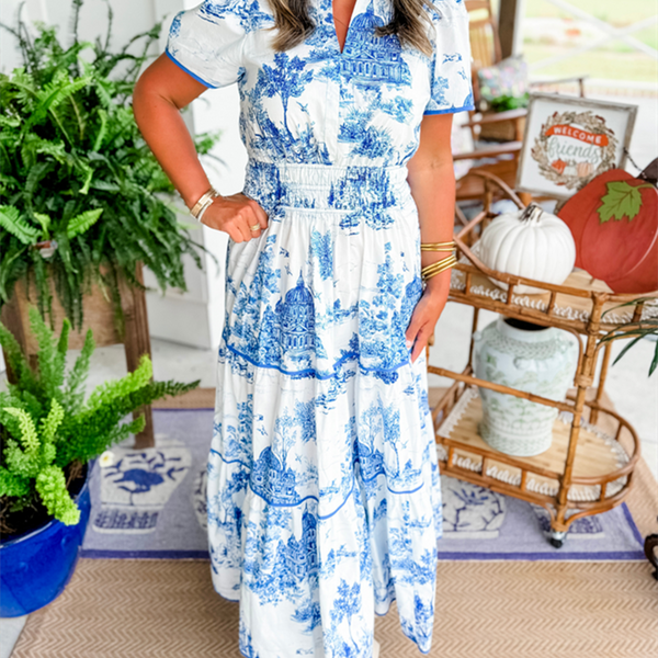 Marcelline| Timeless Toile Maxi – Elegant Flattering Comfort with Effortless Flow