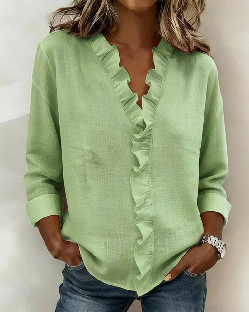 Indie | Blouse avec Volants, Col en V et Manches Longues