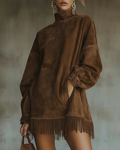 Amalia | High-Neck Suede Fringe Dress