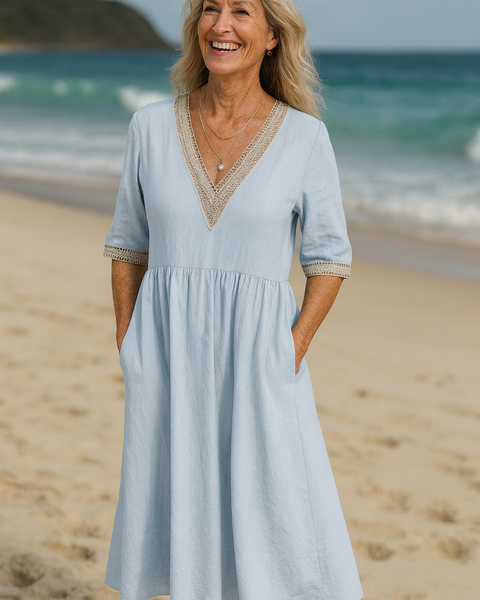 Elayna | Soft-Linen Lace Midi Dress – Effortless Beauty, Everyday Ease