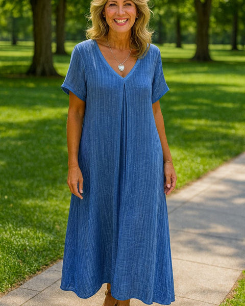 Serenne | Cotton-Linen FlowVee Midi Dress – Refined Elegance, Everyday Ease