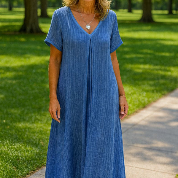 Serenne | Cotton-Linen FlowVee Midi Dress – Refined Elegance, Everyday Ease