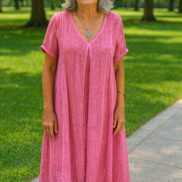 Serenne | Cotton-Linen FlowVee Midi Dress – Refined Elegance, Everyday Ease