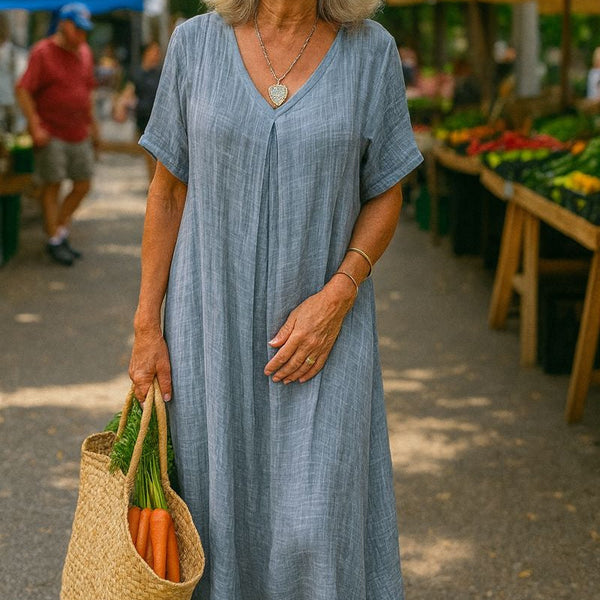 Serenne | Cotton-Linen FlowVee Midi Dress – Refined Elegance, Everyday Ease