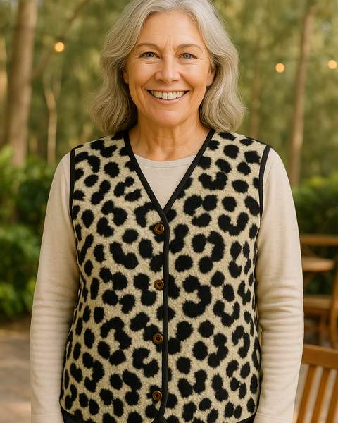 Marlene | Leopard Knit Comfort Vest - No fuss. No squeeze. Effortless warmth.