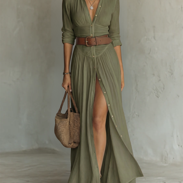 ESSENTIAL - Long Maxi Linen Dress with Notched Collar and Long Sleeves for Women