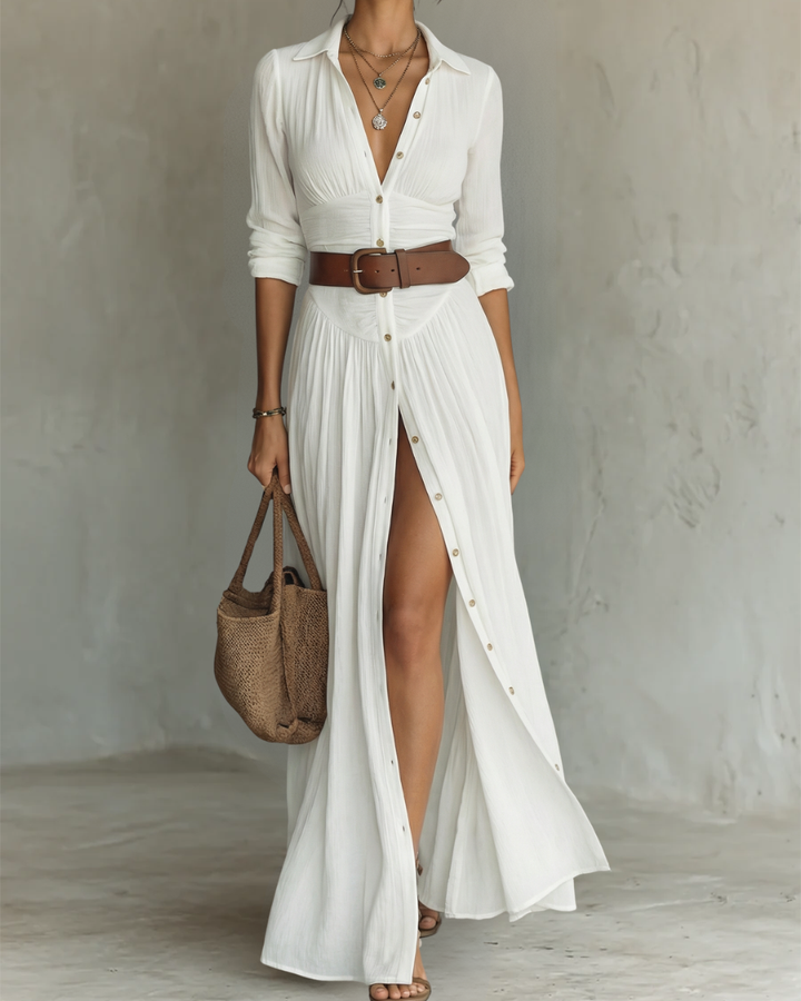 ESSENTIAL - Long Maxi Linen Dress with Notched Collar and Long Sleeves for Women
