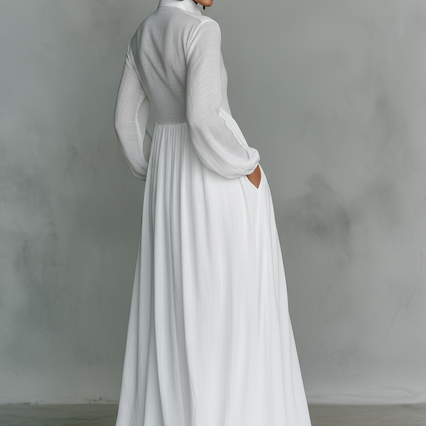 ESSENTIAL - Maxi Minimalist Dress in Cotton & Linen with Patchwork, High Collar and Long Sleeves