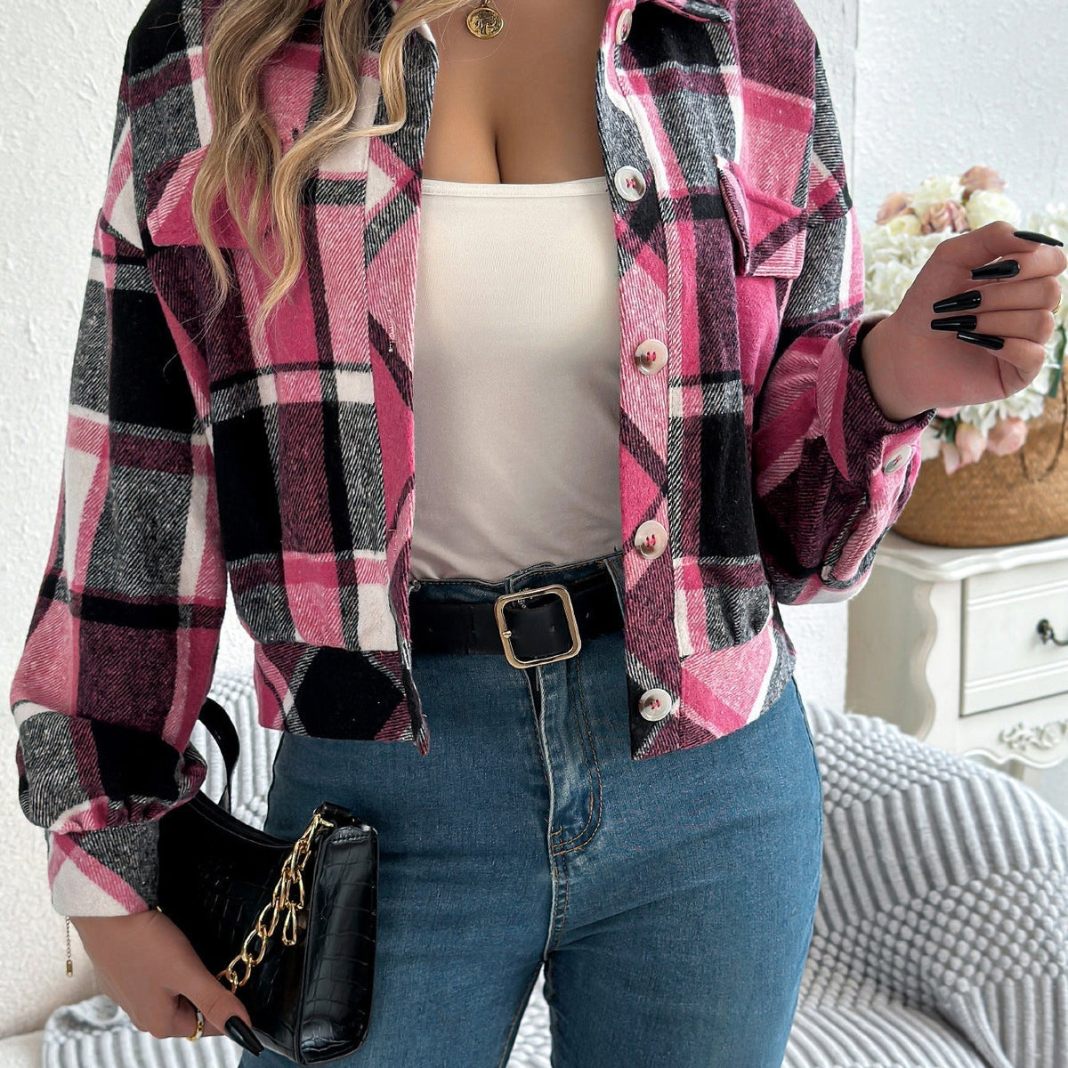 ZABEL™ - Veste à carreaux décontractée à boutons et manches longues