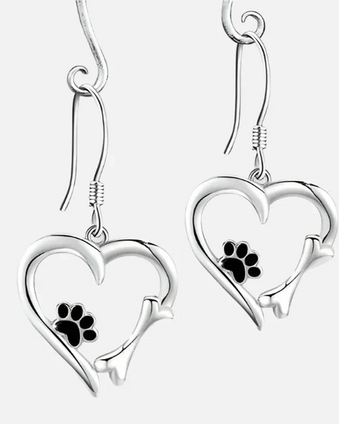 Silver Drop Earrings with Heart & Paw Design