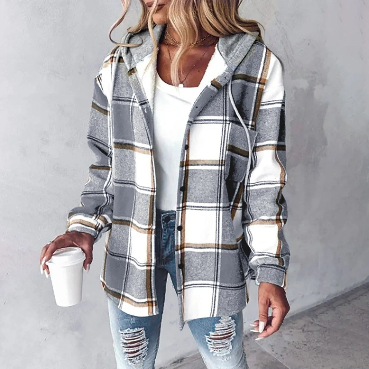 PAIGE™ - Veste à Capuche à Carreaux Chic à Manches Longues avec Boutons