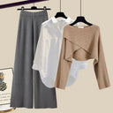  Ensemble trois pièces : pull couleur café + chemise blanche + pantalon large gris