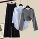  Ensemble de trois pièces : pull gris + chemise bleue + pantalon large noir