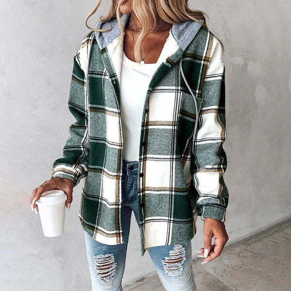 PAIGE™ - Veste à Capuche à Carreaux Chic à Manches Longues avec Boutons