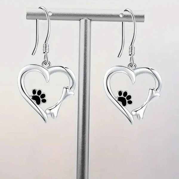 Silver Drop Earrings with Heart & Paw Design