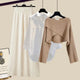  Ensemble trois pièces : pull couleur café + chemise blanche + pantalon large abricot