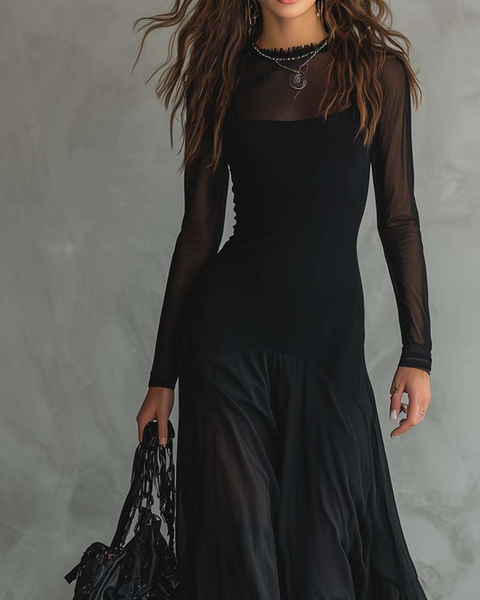 Black Loose-Fit Tulle Maxi Dress