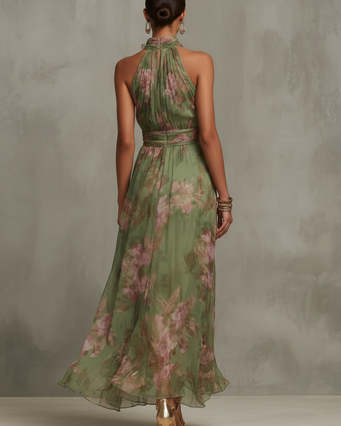 ESSENTIAL - Serena ∙ Green Floral Chiffon Maxi Dress with Halter Neckline