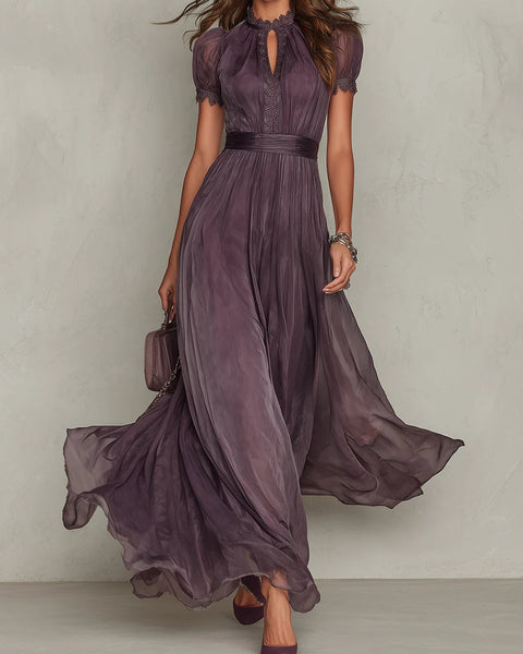 ESSENTIAL - Flavia • Long Purple Dress with Keyhole Neckline & Chiffon Lace Trim