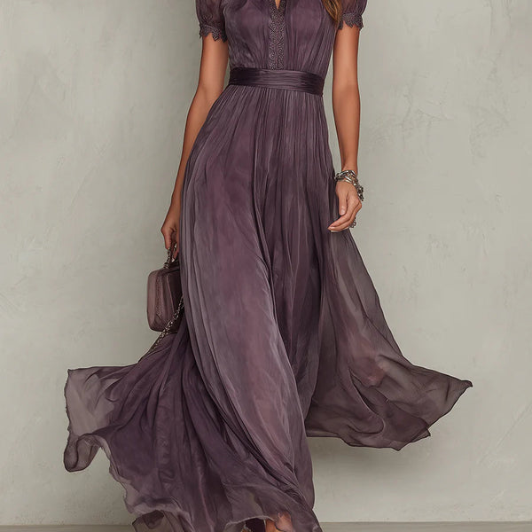 ESSENTIAL - Flavia • Long Purple Dress with Keyhole Neckline & Chiffon Lace Trim
