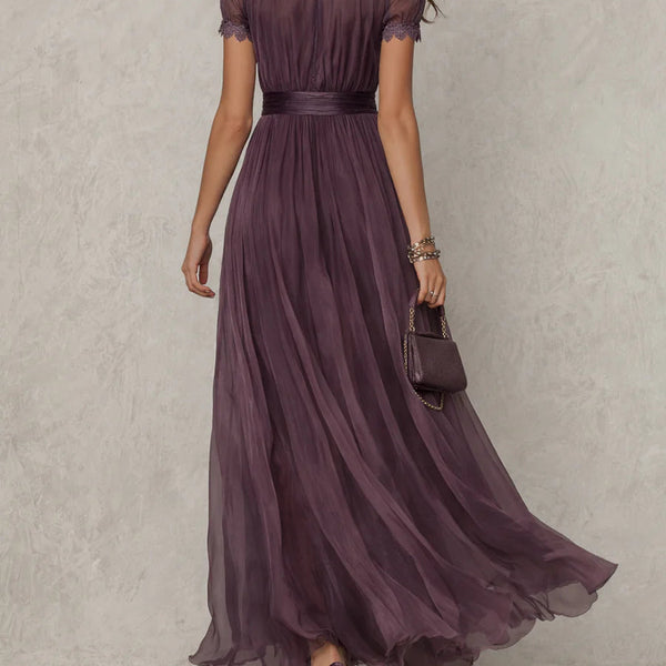 ESSENTIAL - Flavia • Long Purple Dress with Keyhole Neckline & Chiffon Lace Trim