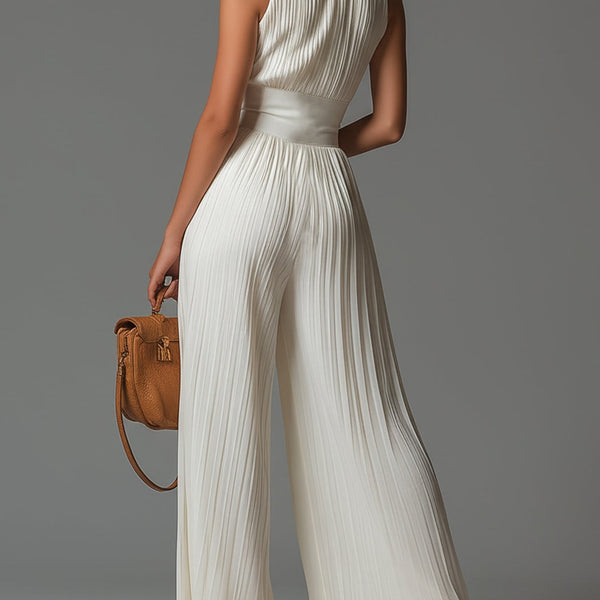 ESSENTIAL – White Pleated Chiffon Jumpsuit for Women