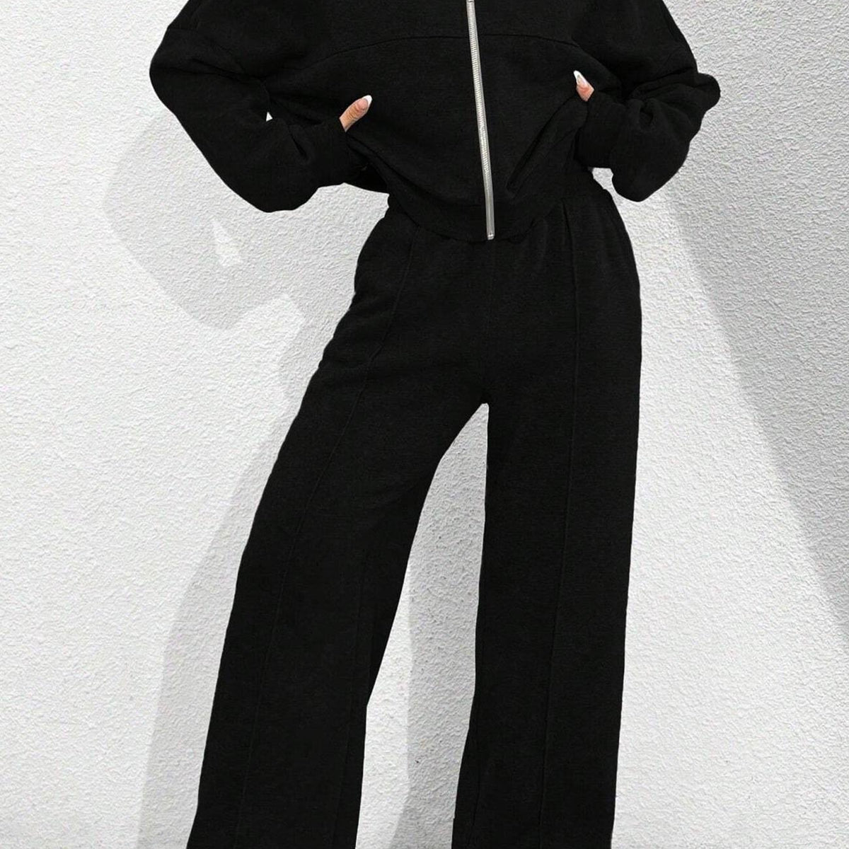 Veste Cardigan sans Col à Zip et Pantalon