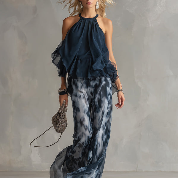 ESSENTIAL - Ludovica – Elegant chiffon set with high-neck top and wide-leg printed trousers