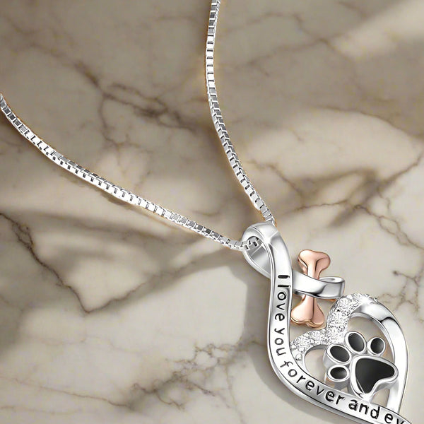 Lucky Paw Necklace with Heart, Bone & Infinity – “Always in My Heart” Pendant