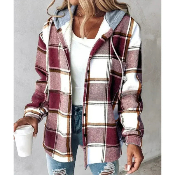 PAIGE™ - Veste à Capuche à Carreaux Chic à Manches Longues avec Boutons