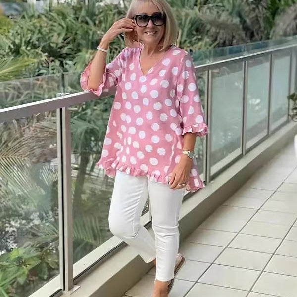 Denise | Relaxed V-Neck Polka Dot Blouse