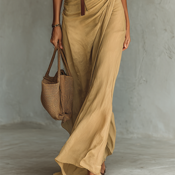 ESSENTIAL - Maxi Long Dress with Lapel Collar and Long Sleeves for Women