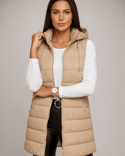 ELENA | VESTE LONGUE PUFFER SANS MANCHES À CAPUCHE CASUAL