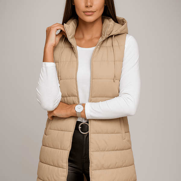 ELENA | VESTE LONGUE PUFFER SANS MANCHES À CAPUCHE CASUAL