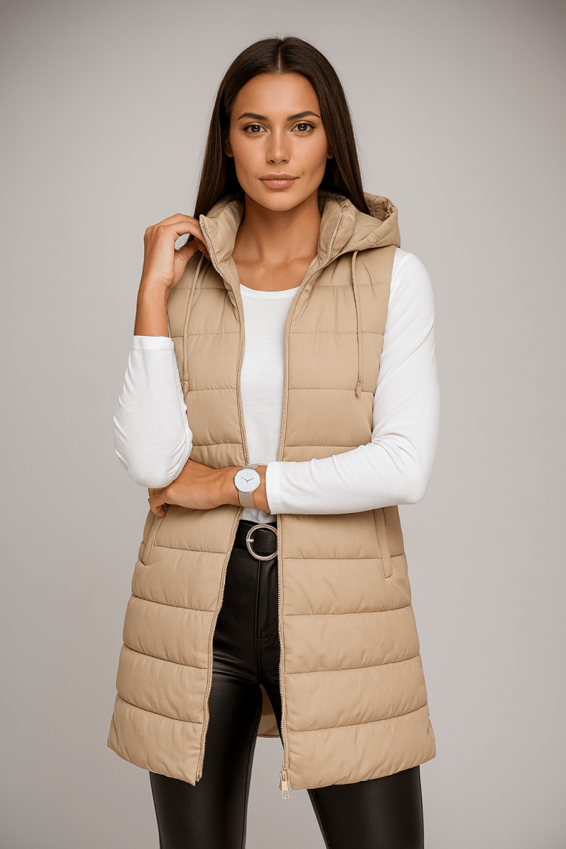 ELENA | VESTE LONGUE PUFFER SANS MANCHES À CAPUCHE CASUAL