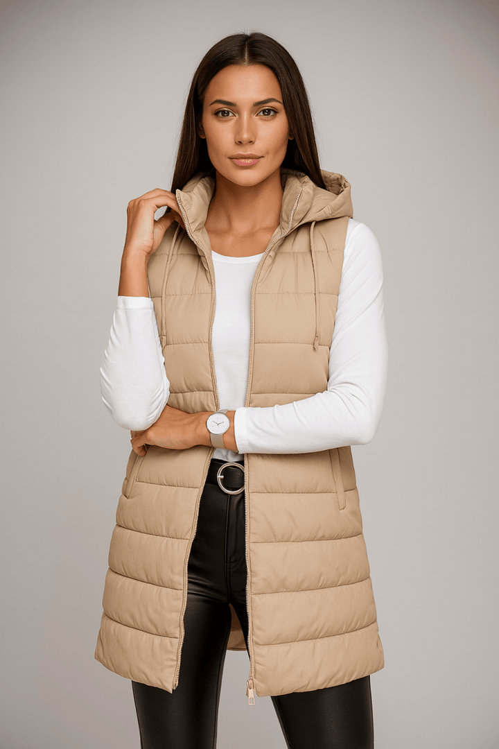 ELENA | VESTE LONGUE PUFFER SANS MANCHES À CAPUCHE CASUAL