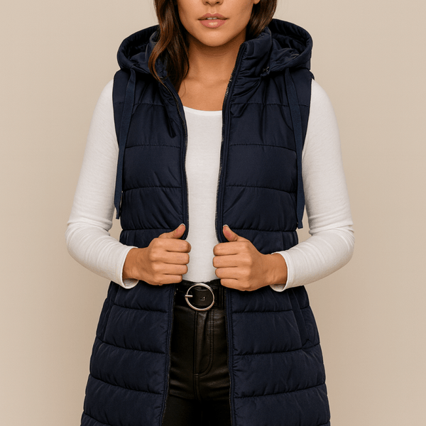 ELENA | VESTE LONGUE PUFFER SANS MANCHES AVEC CAPUCHE