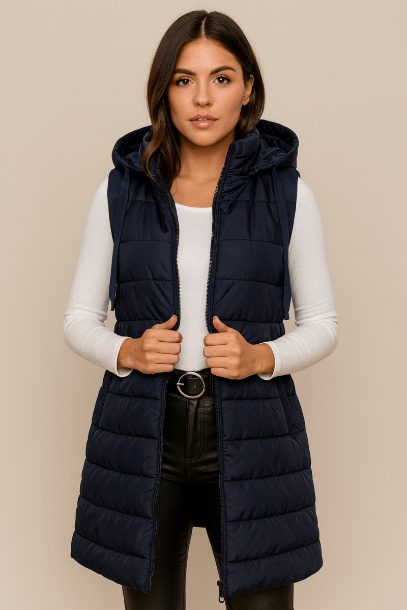 ELENA | VESTE LONGUE PUFFER SANS MANCHES À CAPUCHE CASUAL