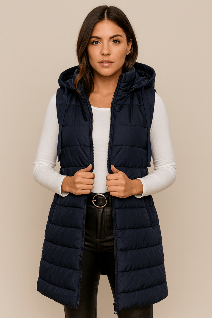 ELENA | VESTE LONGUE PUFFER SANS MANCHES À CAPUCHE CASUAL