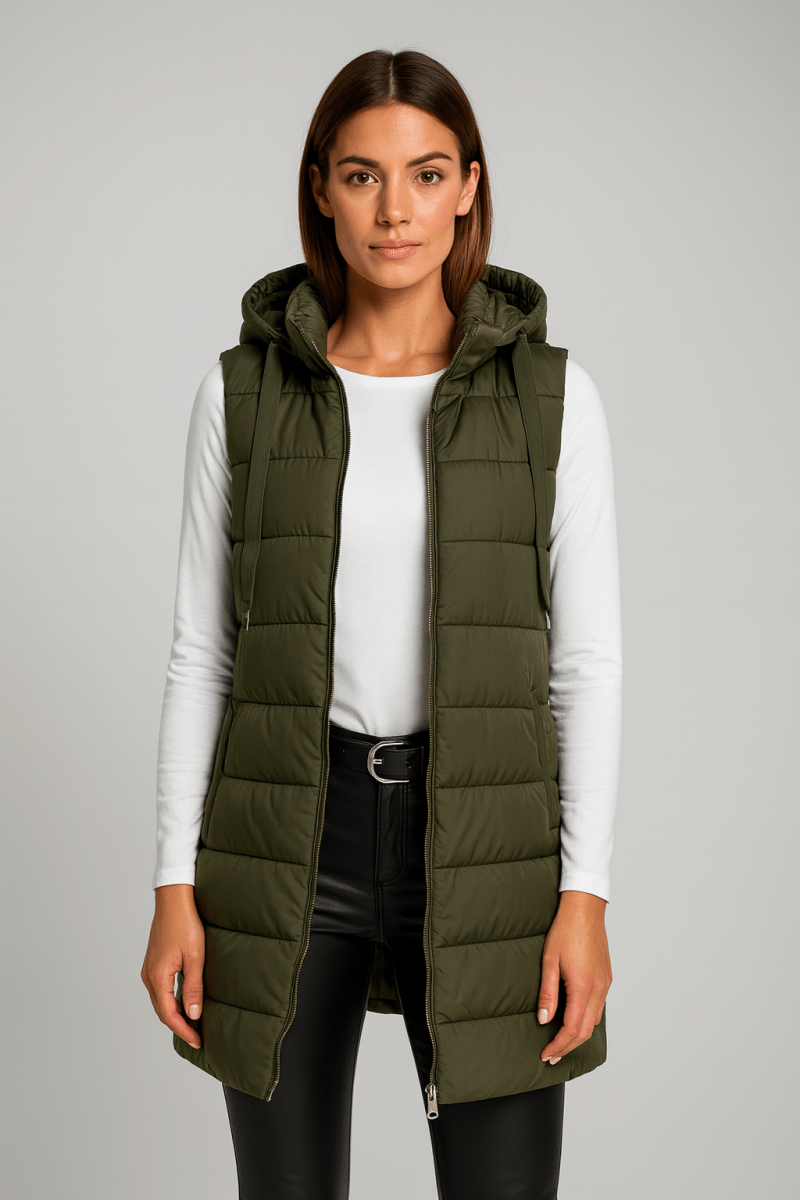 ELENA | VESTE LONGUE PUFFER SANS MANCHES À CAPUCHE CASUAL