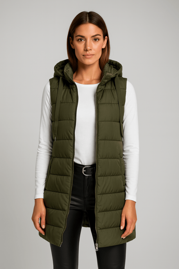 ELENA | VESTE LONGUE PUFFER SANS MANCHES À CAPUCHE CASUAL